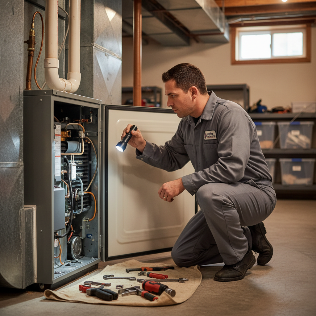 Skilled Heating Specialties technician performing a detailed furnace inspection in a South Jersey home across Cumberland, Atlantic, Gloucester, Cape May, and Salem counties.