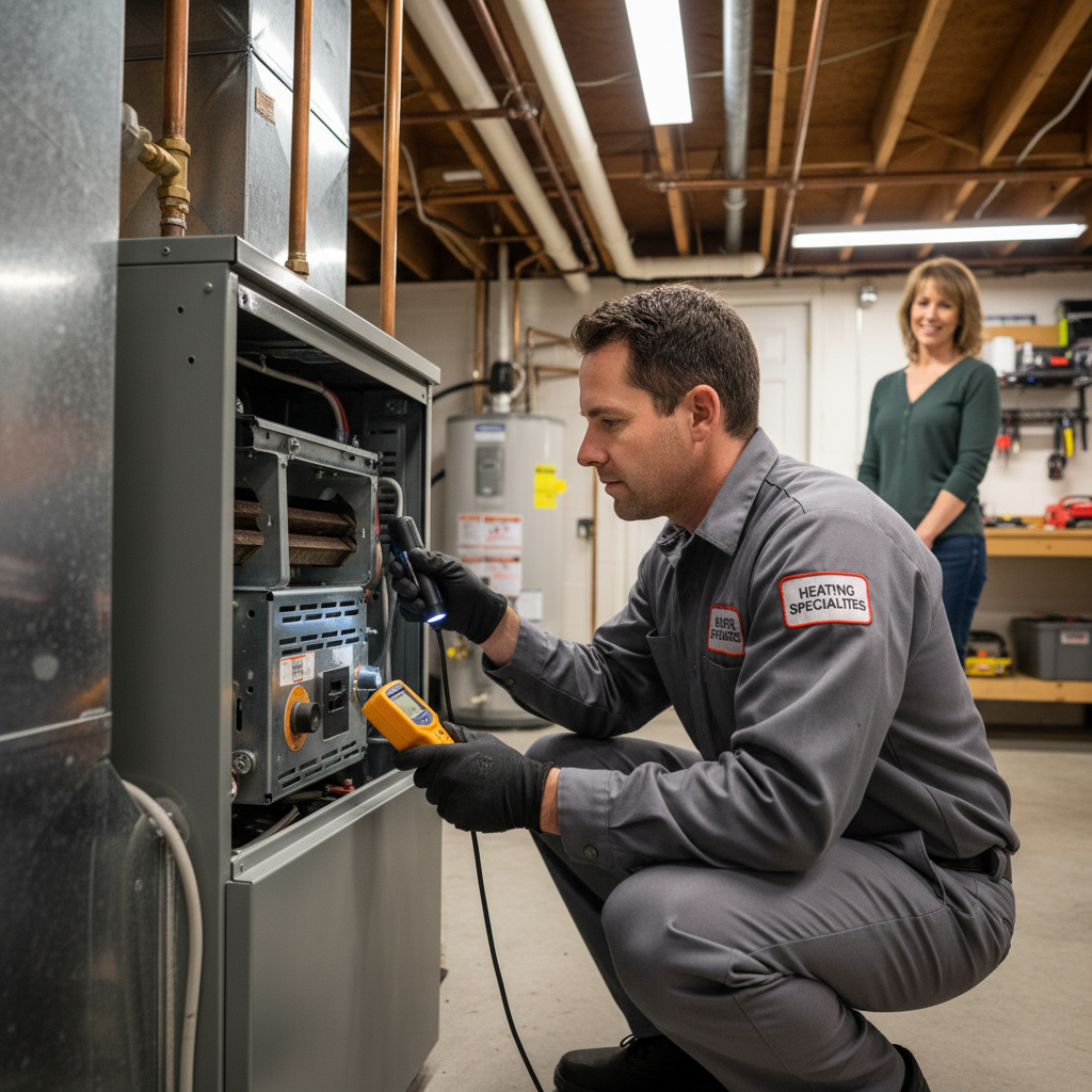 Skilled Heating Specialties technician performing a furnace inspection in Atlantic County, South Jersey.