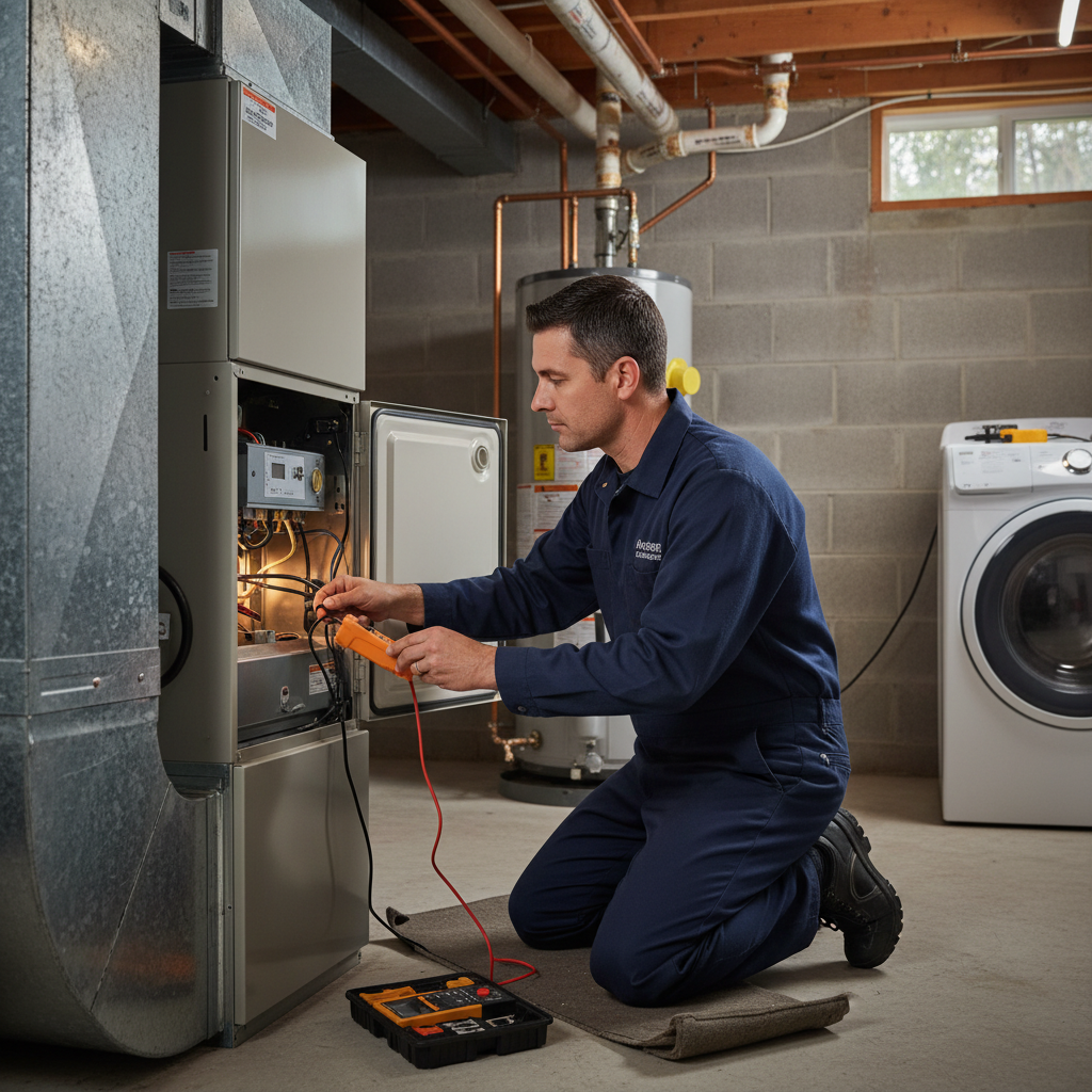 Skilled Heating Specialties technician performing a heating system repair in a residential basement across South Jersey.