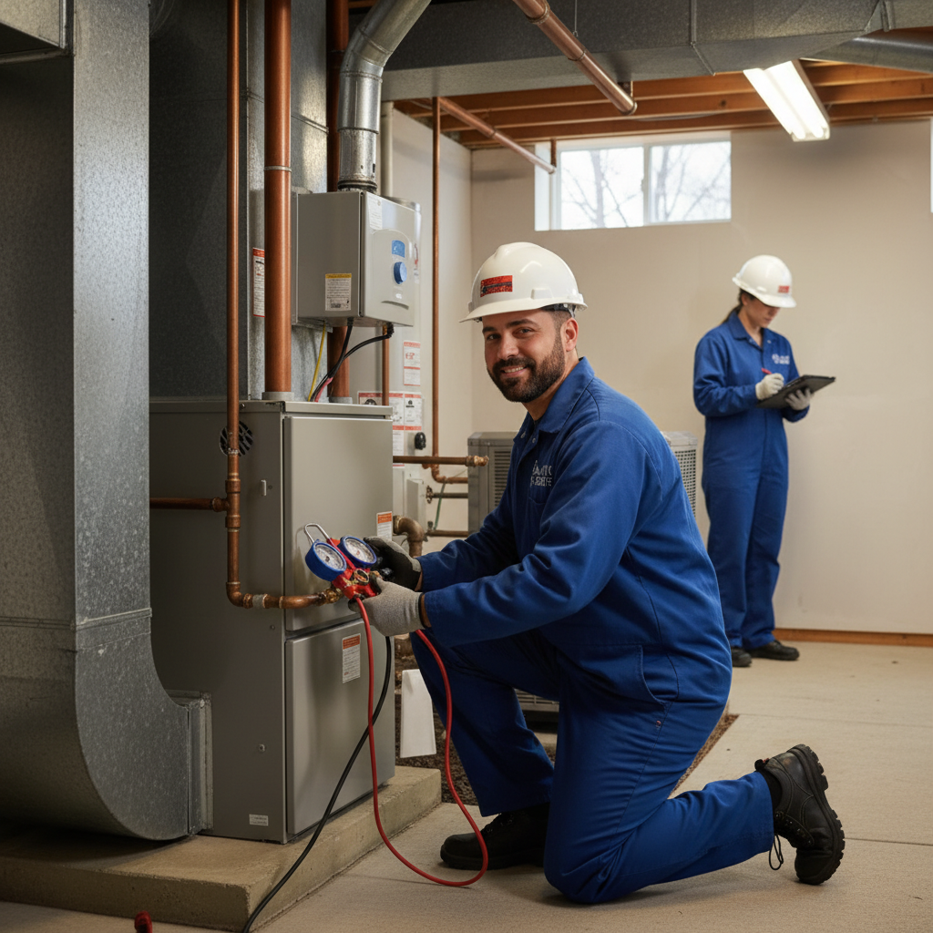 Skilled Heating Specialties technician performing a thorough heating system inspection in a South Jersey residence, serving Cumberland, Atlantic, Gloucester, Cape May, and Salem counties.
