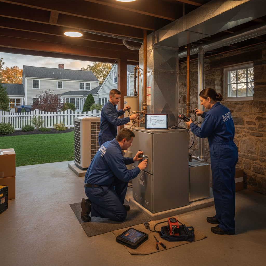 Skilled Heating Specialties technician repairing a furnace in a South Jersey home, ensuring warmth across Cumberland, Atlantic, Gloucester, Cape May, and Salem counties.