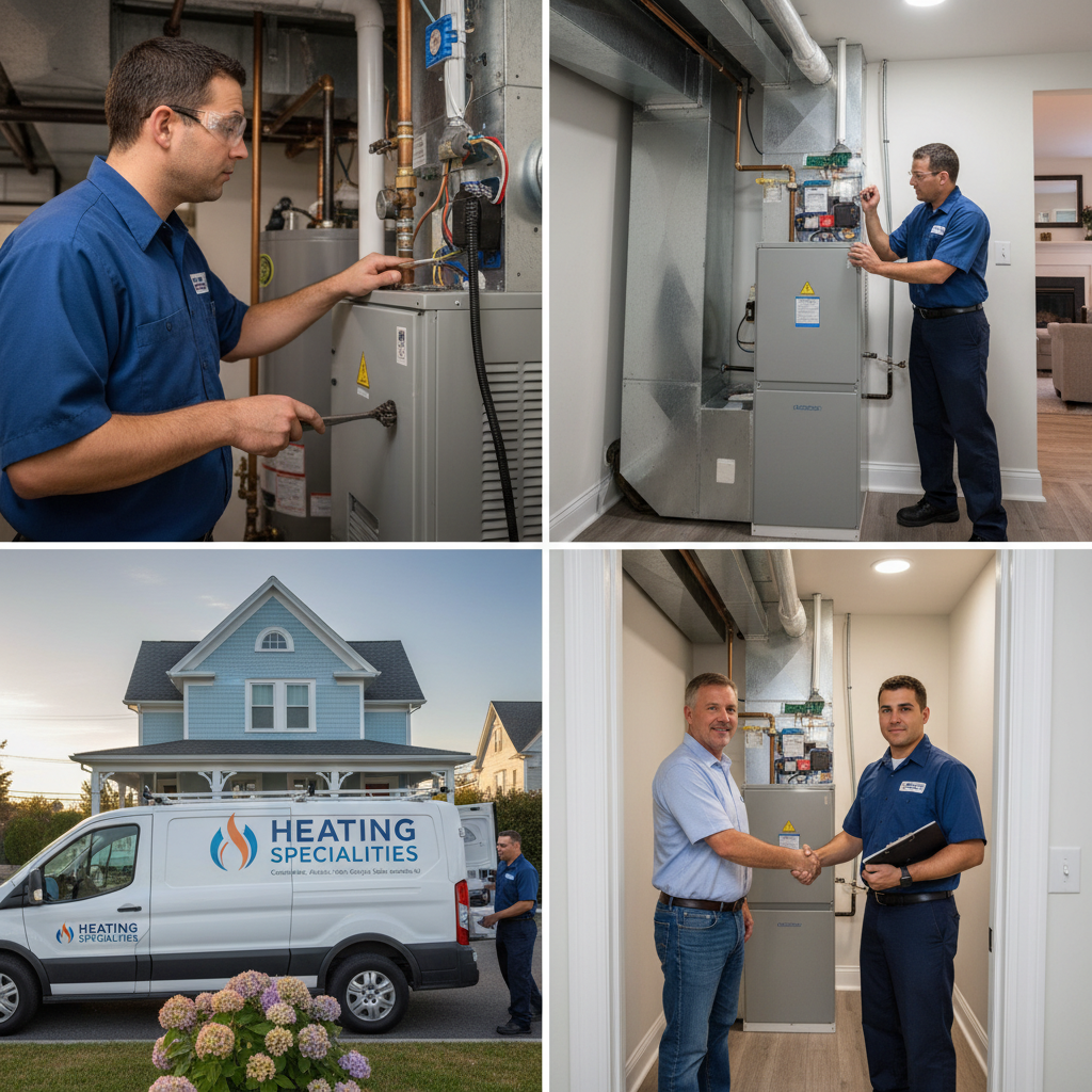Skilled Heating Specialties technician repairing a furnace in a South Jersey home.