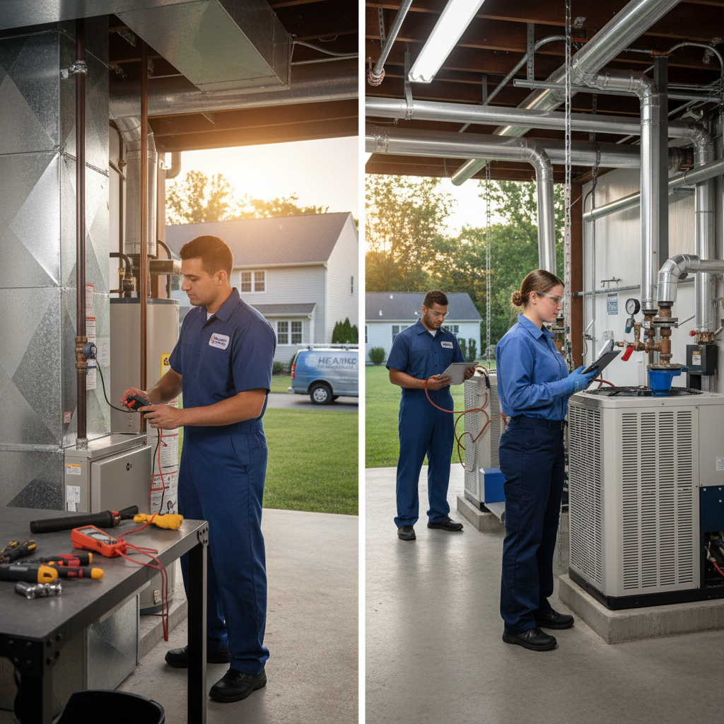 Skilled Heating Specialties technician repairing a modern furnace in a South Jersey home.