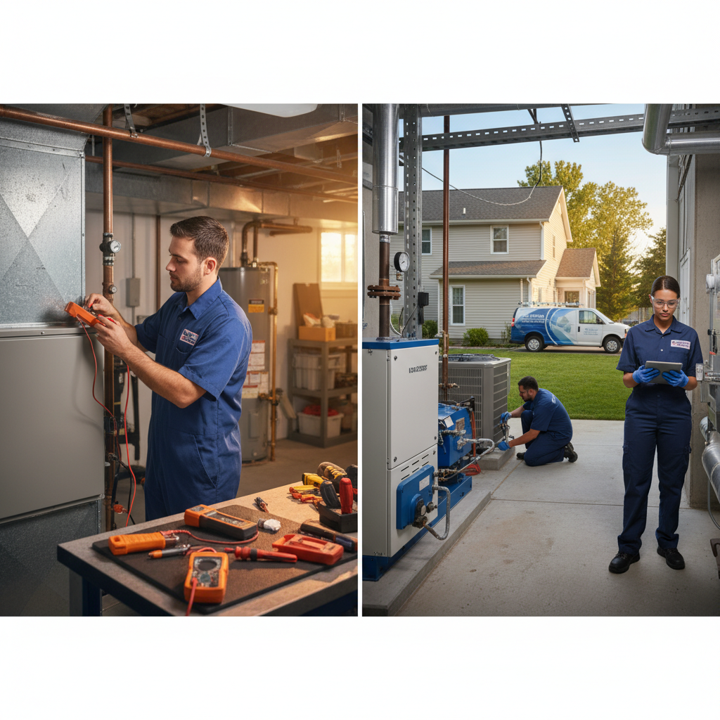 Skilled Heating Specialties technician repairing a modern furnace in a South Jersey home.