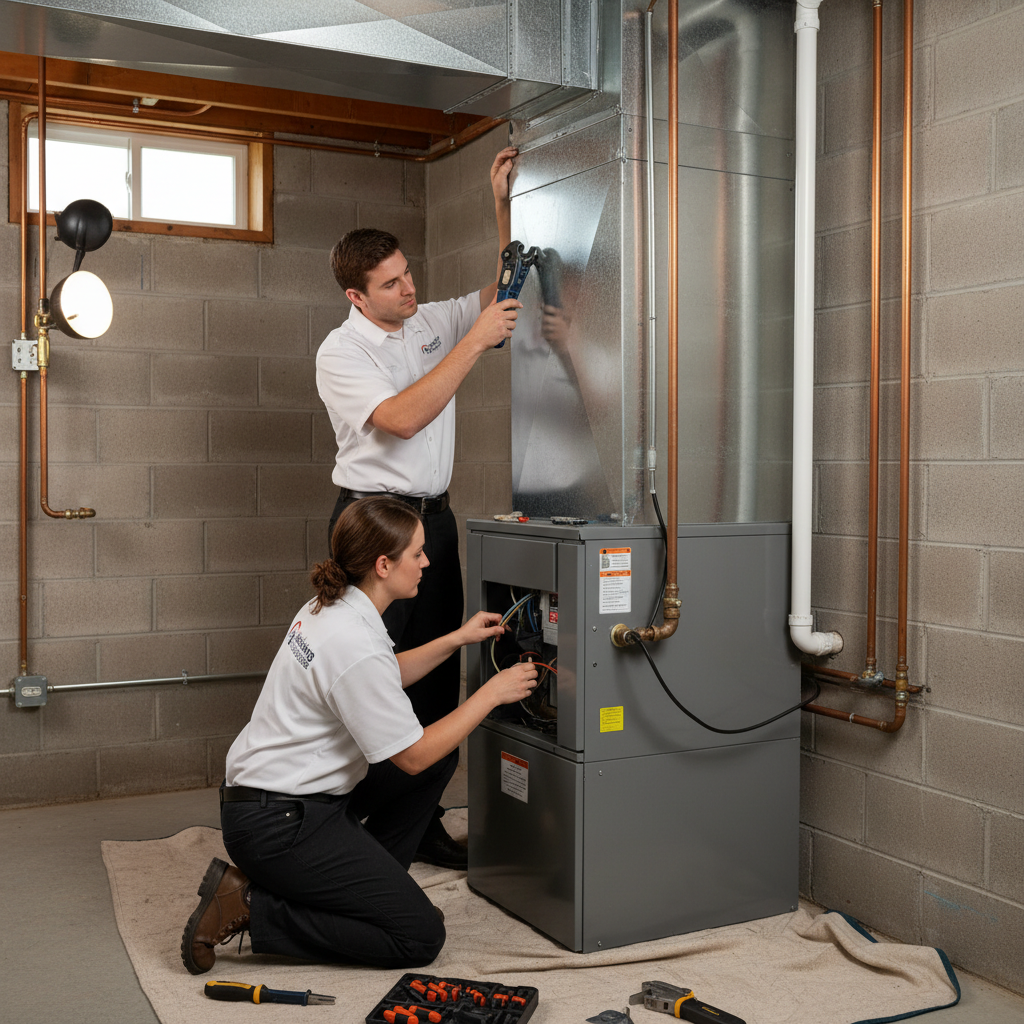 Skilled Heating Specialties technicians installing a new furnace in Cumberland County, South Jersey.