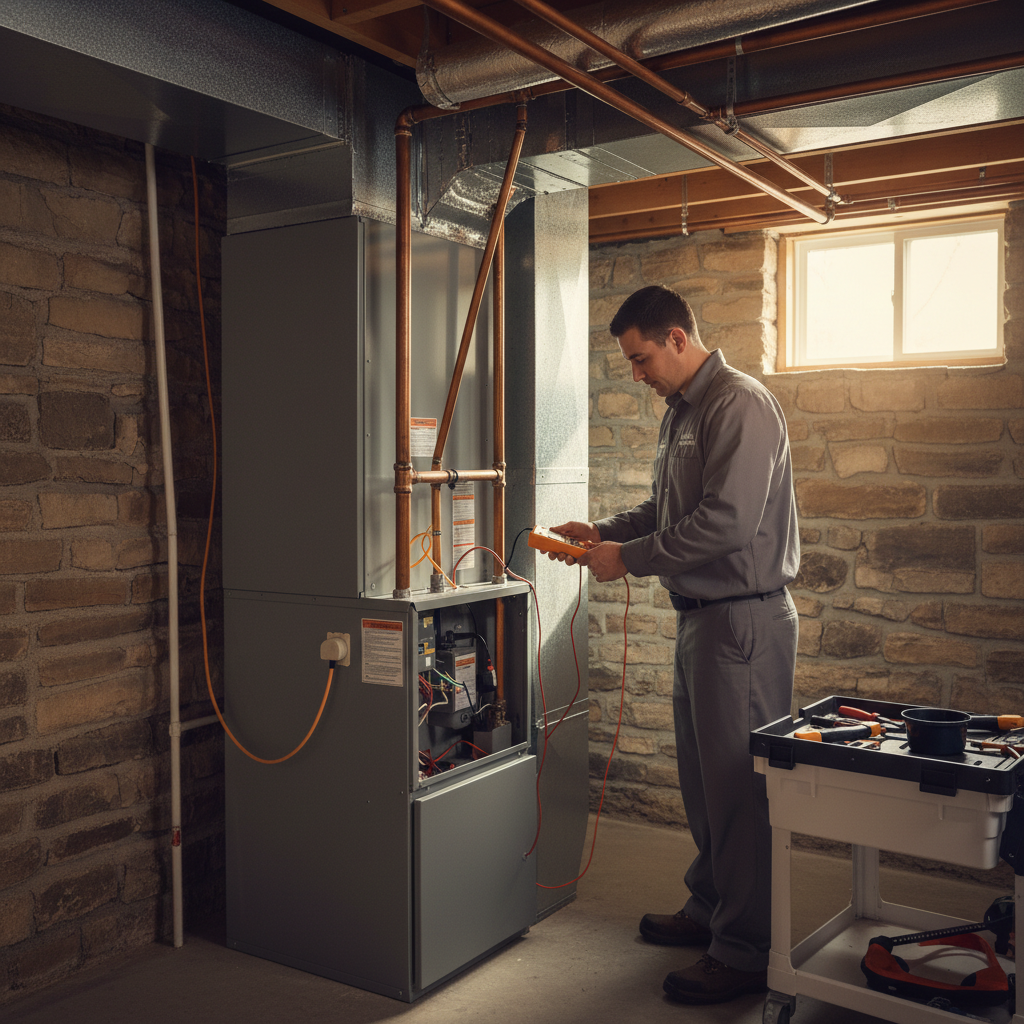 Skilled heating technician installing a new heating unit in a basement in Cape May, serving Salem and surrounding South Jersey areas.