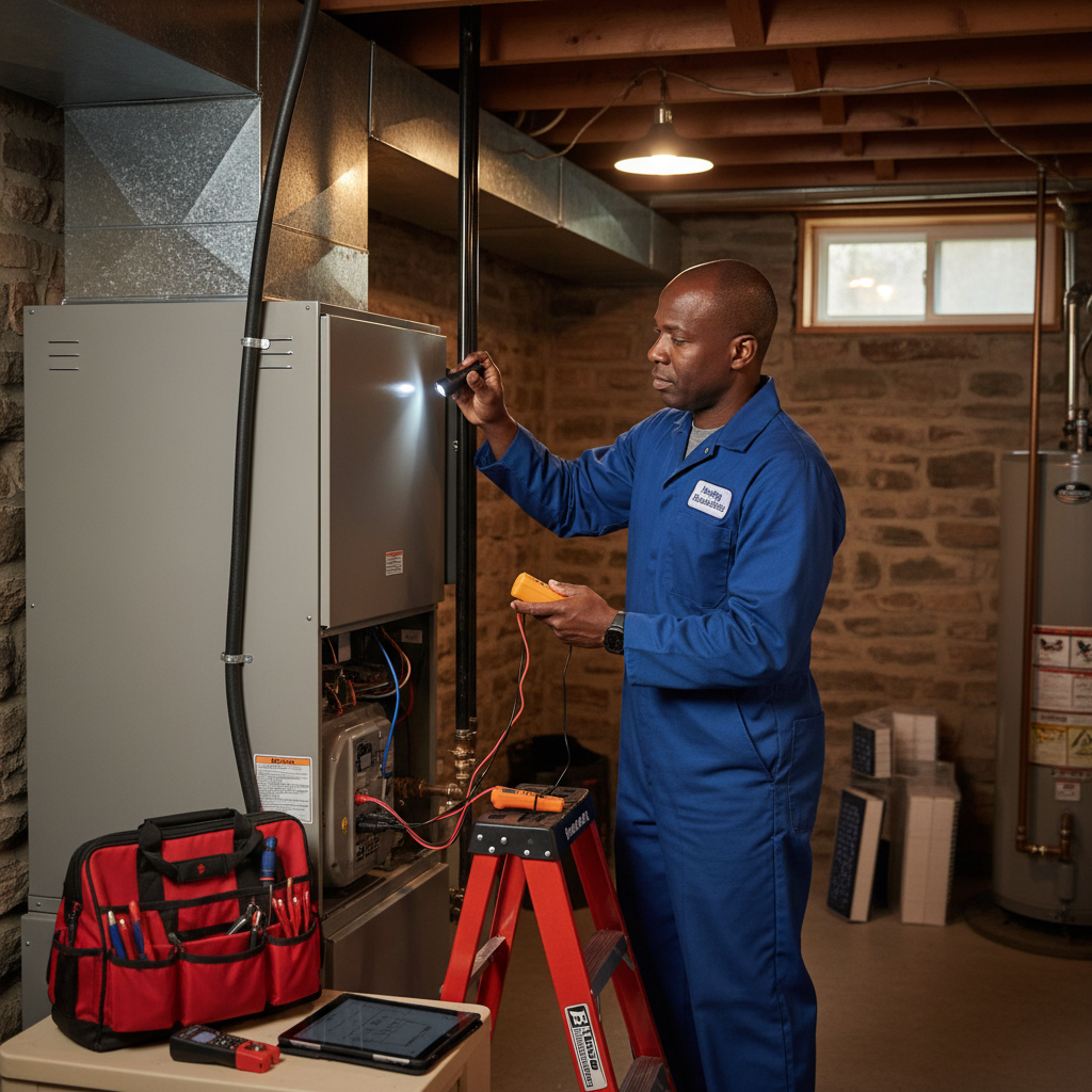 Skilled heating technician performing routine maintenance on a residential heating system in South Jersey, serving Cumberland, Atlantic, Gloucester, Cape May, and Salem counties.