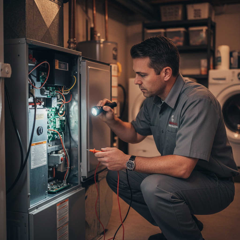 Skilled HVAC professional inspecting a furnace for heating specialties in Atlantic County, South Jersey.