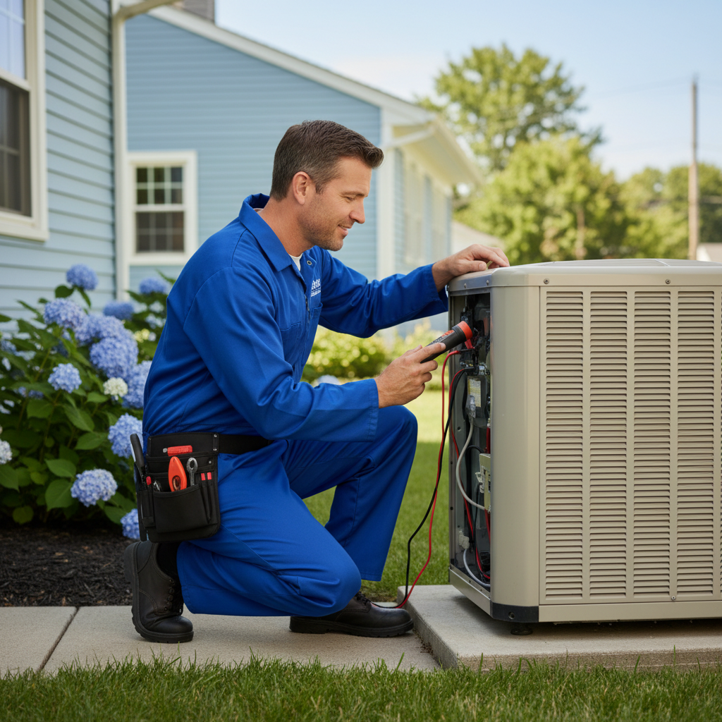 Skilled HVAC professional inspecting an outdoor air conditioning unit in South Jersey.