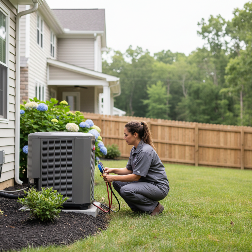 Skilled HVAC professional inspecting an outdoor heat pump unit for Heating Specialties, serving residential areas in Cumberland, Atlantic, Gloucester, Cape May, and Salem counties.