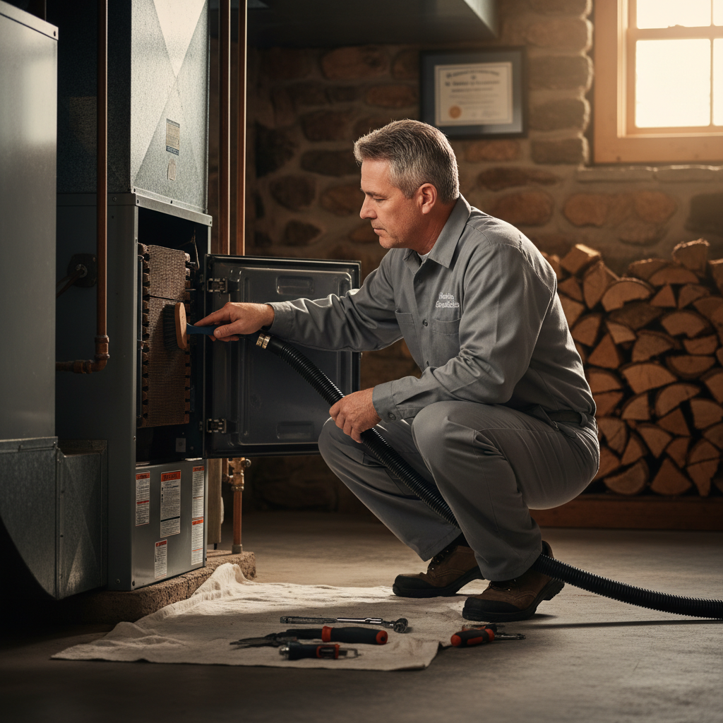 Skilled HVAC professional performing heating system maintenance for a South Jersey client, serving Cape May and Salem counties.
