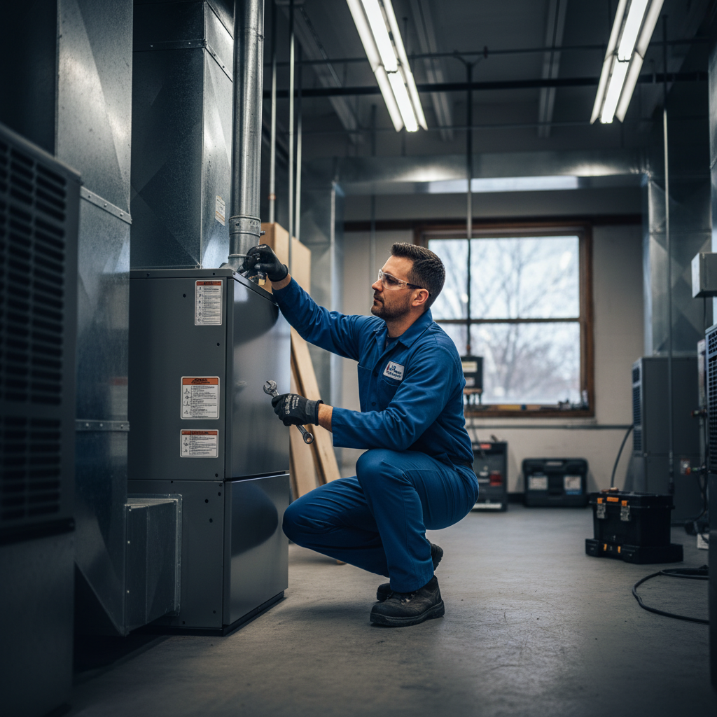 Skilled HVAC technician installing a new heating unit in a South Jersey commercial building.
