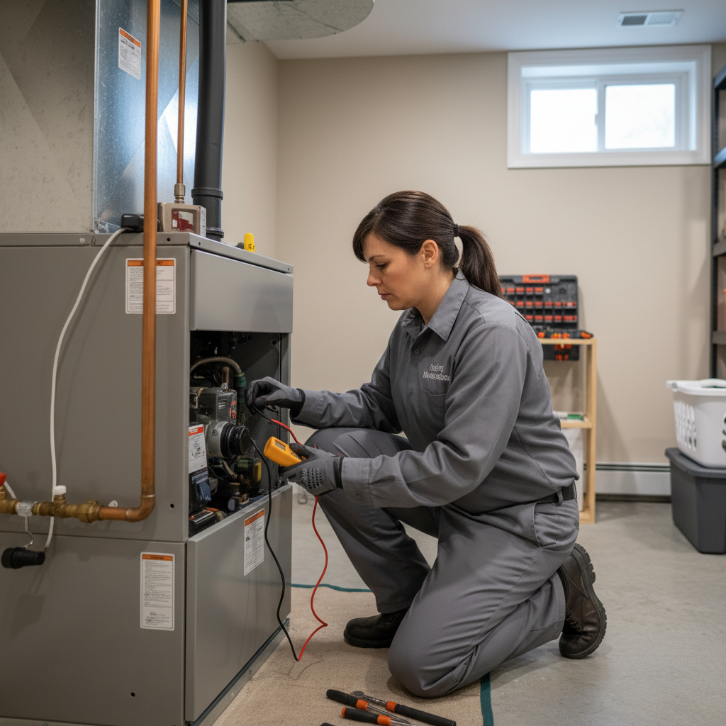 Skilled HVAC technician performing heating system maintenance in a Cape May County, South Jersey residence.