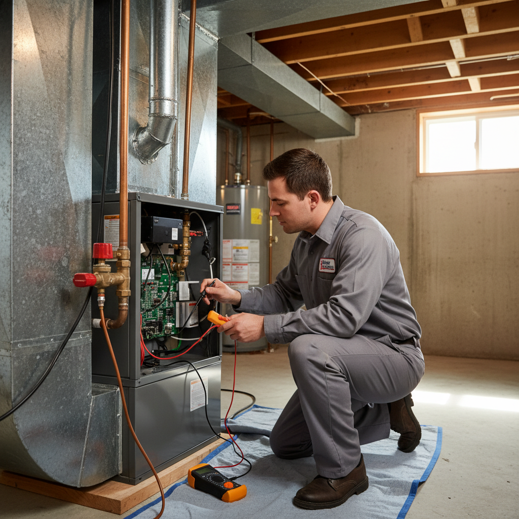 Skilled HVAC technician performing heating system maintenance in a South Jersey residence, serving Cumberland, Atlantic, Gloucester, Cape May, and Salem counties.