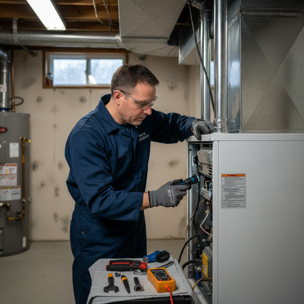 Skilled HVAC technician performing heating system maintenance in a residence across South Jersey counties, including Cumberland and Atlantic.