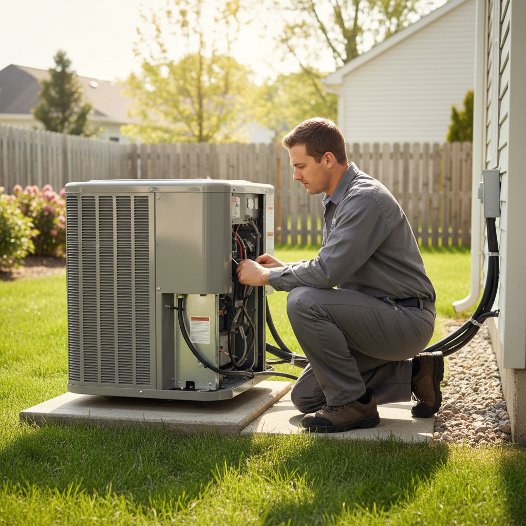 Skilled HVAC technician performing maintenance on an outdoor AC unit in South Jersey.