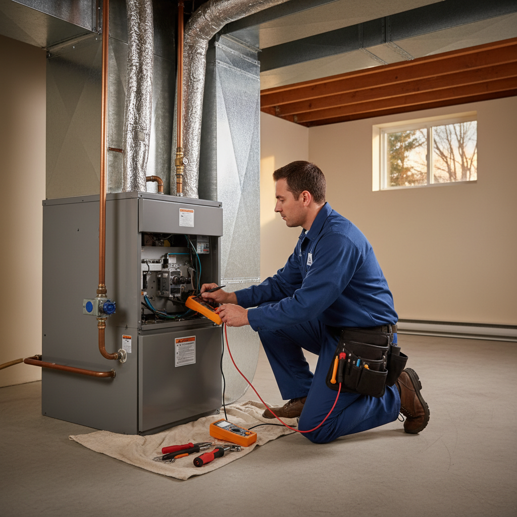 Skilled HVAC technician repairing a furnace in a South Jersey home, ensuring warmth across Cumberland, Atlantic, Gloucester, Cape May, and Salem counties.