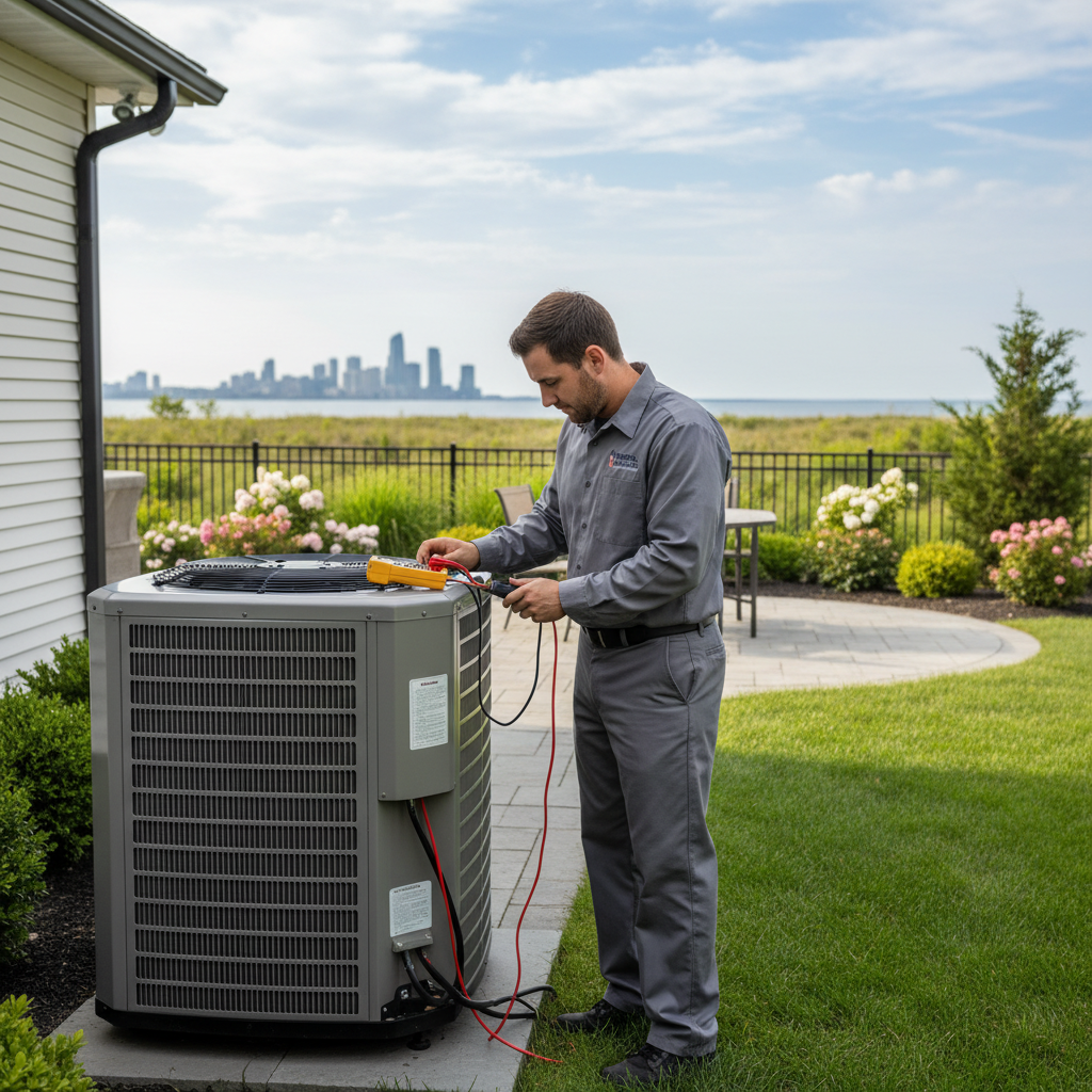 Skilled HVAC technician repairing an outdoor air conditioning unit in Atlantic County, South Jersey.