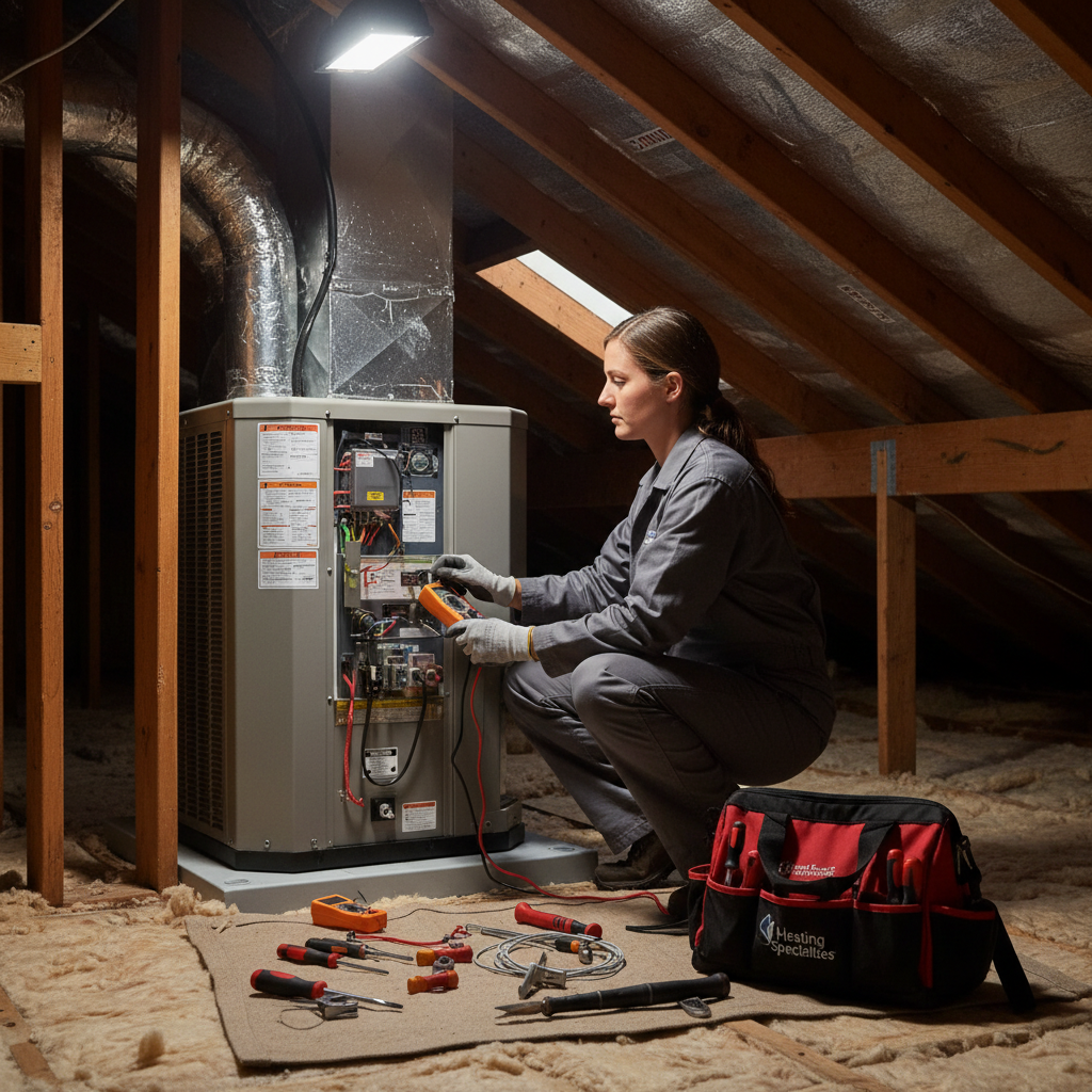 Skilled technician from Heating Specialties performing AC maintenance in a Gloucester County residence.