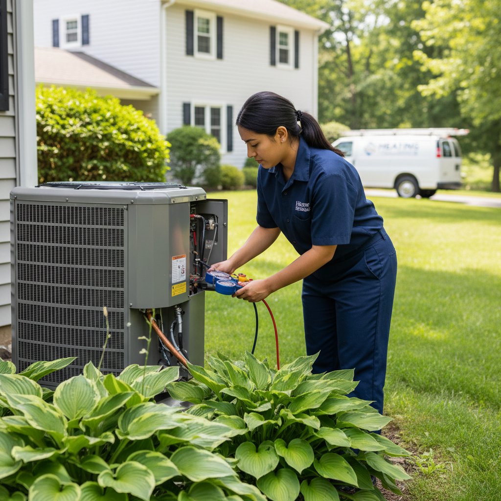 Skilled technician from Heating Specialties performing AC repair in a South Jersey residence during summer.