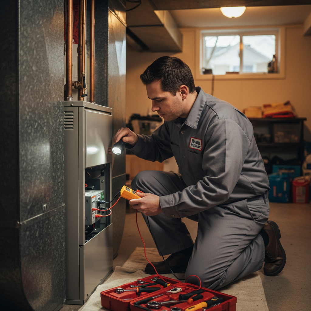 Skilled technician inspecting a heating system, providing expert service throughout Cape May and Salem counties, South Jersey.