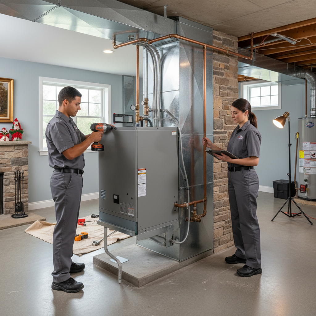 Skilled technician installing a new, efficient heating unit in a residential basement across Cumberland, Atlantic, Gloucester, Cape May, and Salem counties in South Jersey.