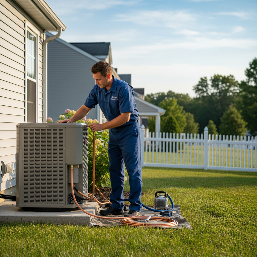 Skilled technician installing a new heating and cooling unit in a South Jersey residence across Cumberland, Atlantic, Gloucester, Cape May, and Salem counties.
