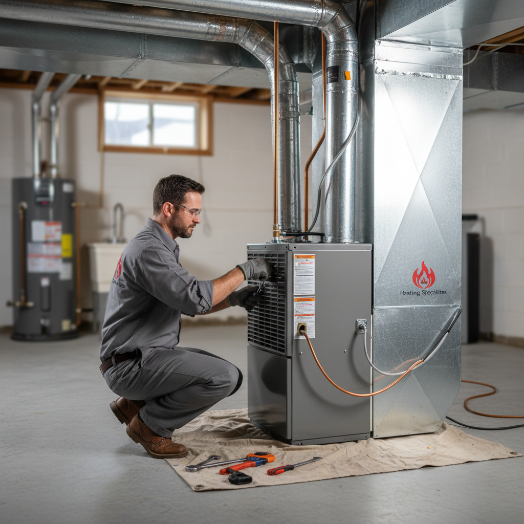 Skilled technician installing a new heating unit in a basement in Gloucester County, South Jersey.