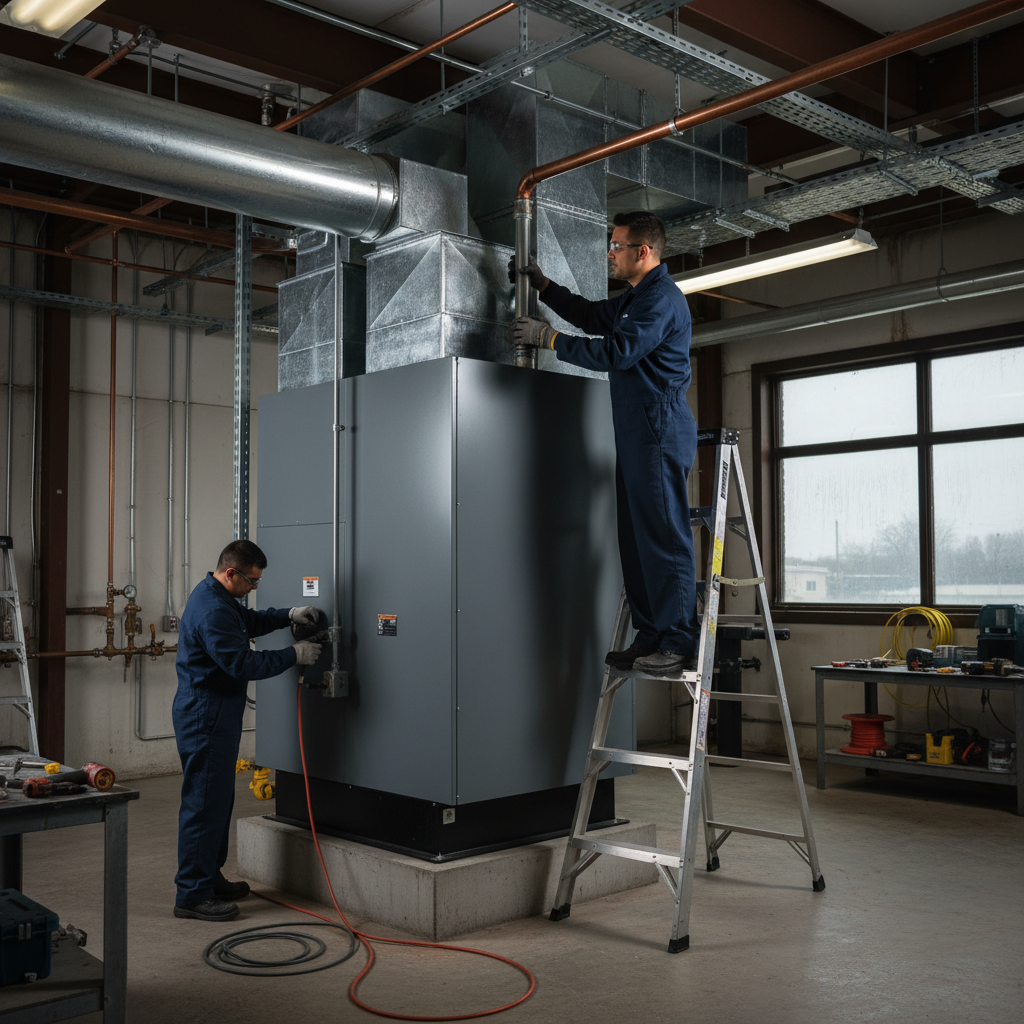 Skilled technician installing a new heating unit in a commercial building in Atlantic County, NJ.