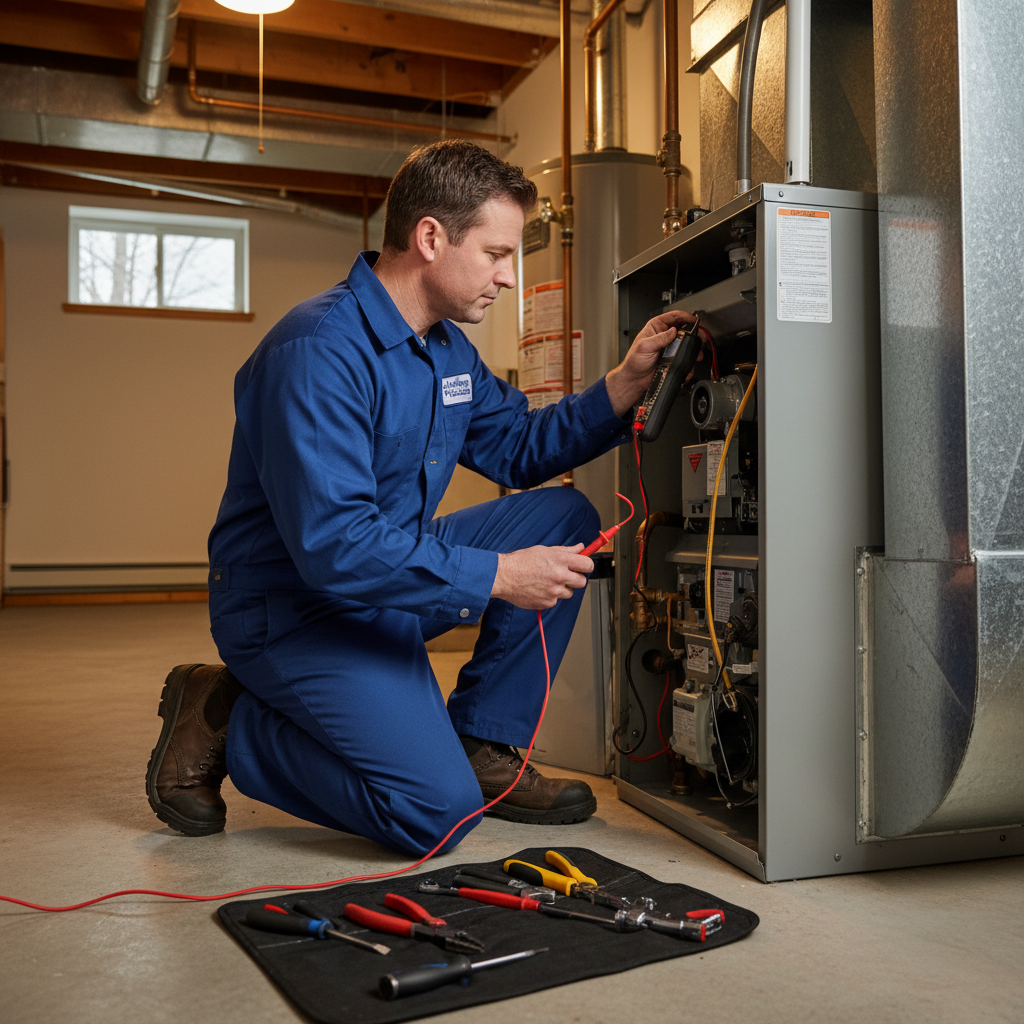 Skilled technician performing a heating system repair in a Gloucester County, South Jersey home.