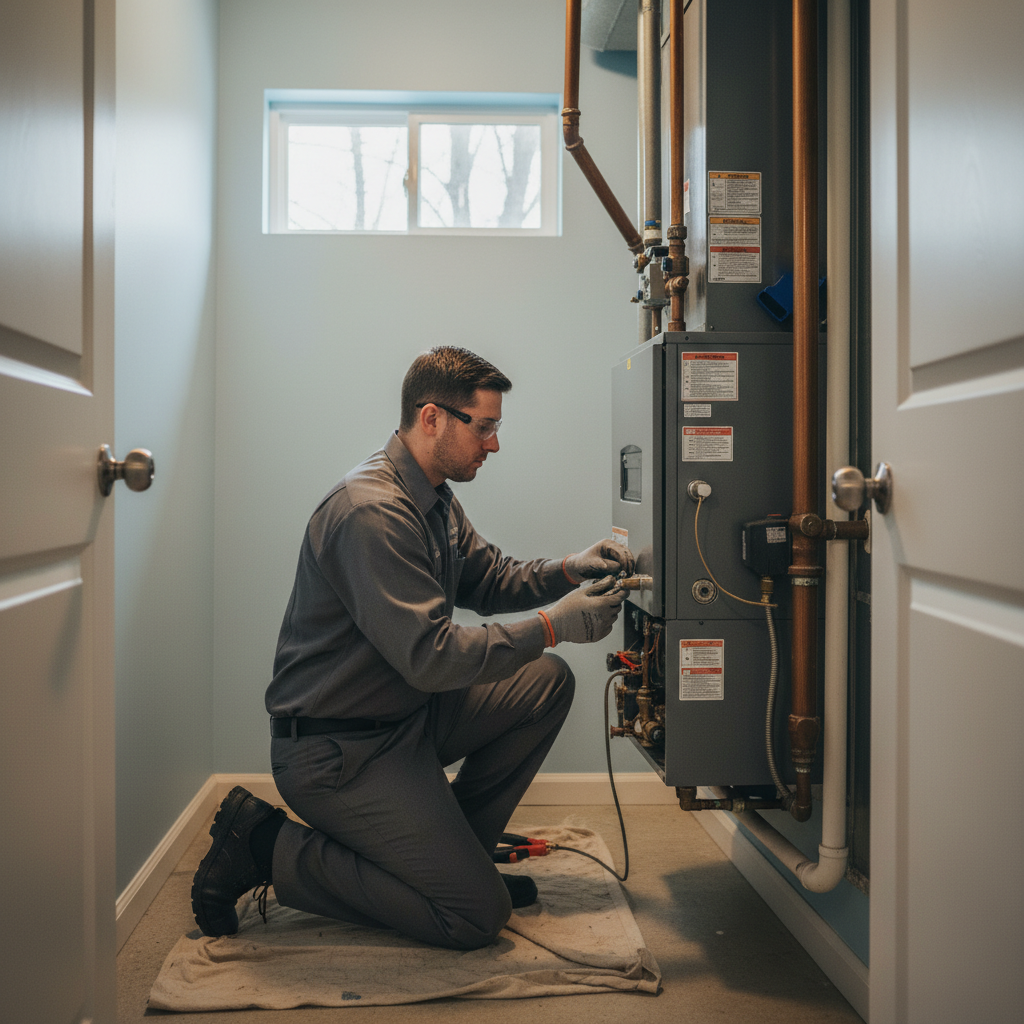 Skilled technician performing heating system maintenance in a South Jersey residence, serving Cumberland, Atlantic, Gloucester, Cape May, and Salem counties.