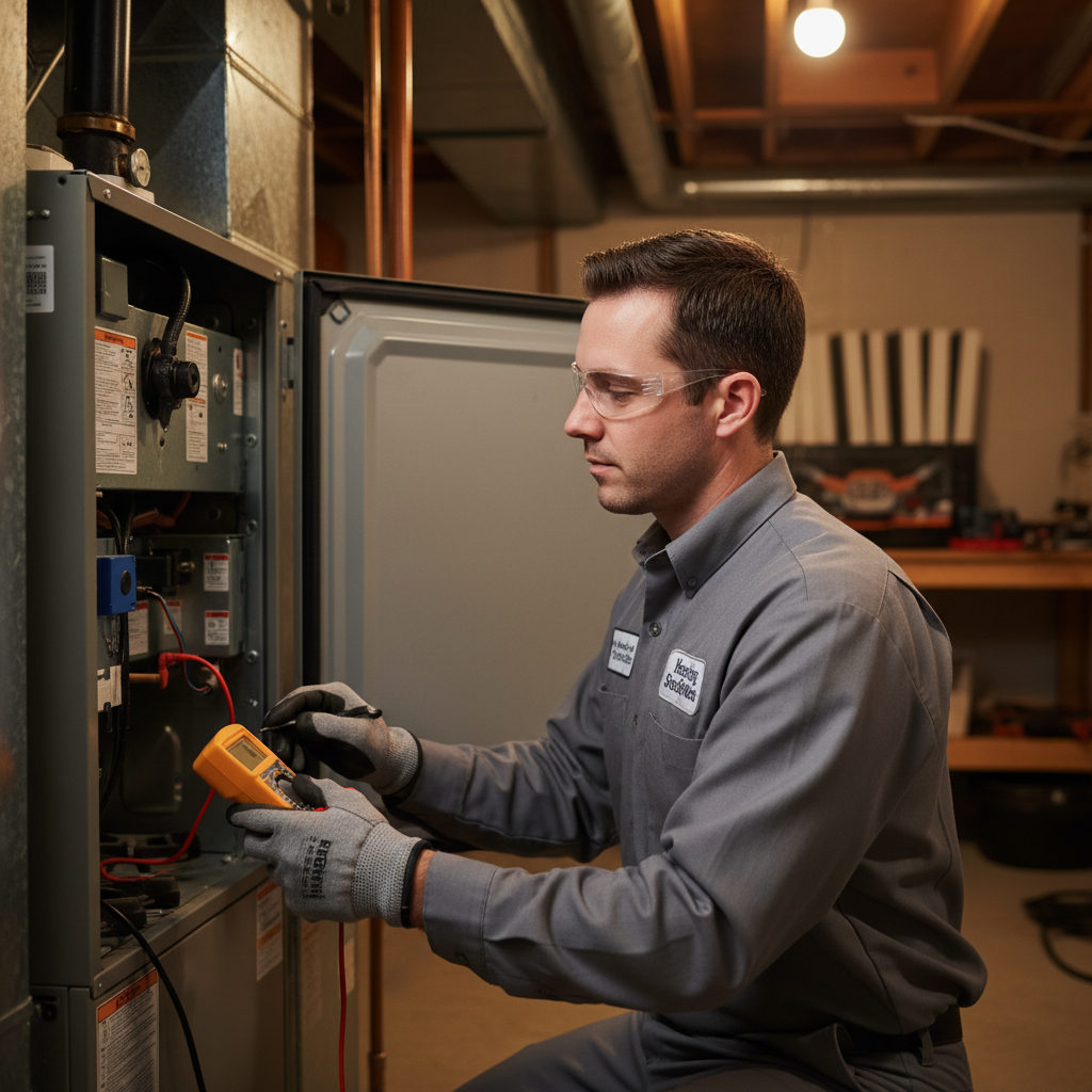 Skilled technician performing heating system maintenance in a South Jersey residence, serving Cumberland, Atlantic, Gloucester, Cape May, and Salem counties.