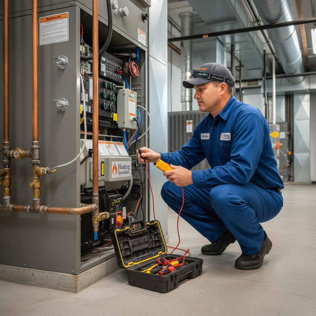 Skilled technician performing heating system repair in a South Jersey commercial building.
