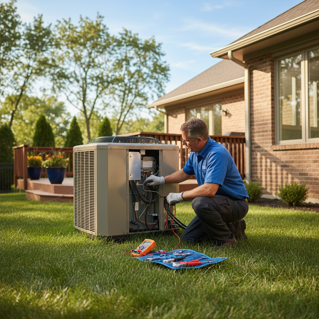 Skilled technician servicing an outdoor AC unit, maintaining comfort in Cumberland County, South Jersey.