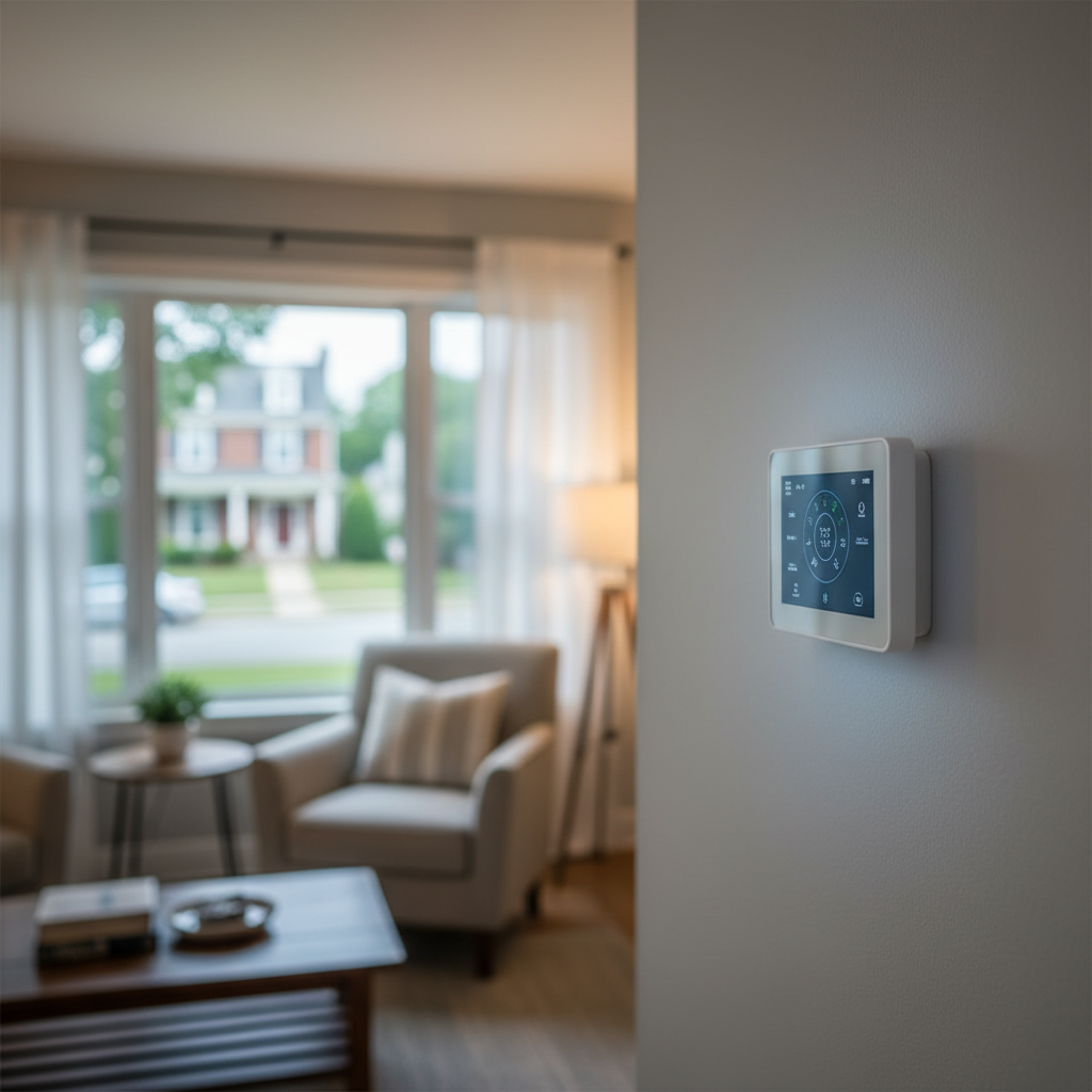 Smart thermostat installation in a cozy Bridgeton, NJ living room with a neighborhood view.