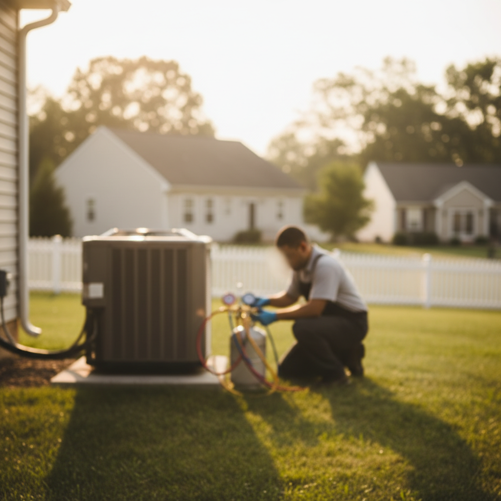 Subtle background image of AC refrigerant recharge work by Heating Specialties Inc. in a Bridgeton, NJ neighborhood.