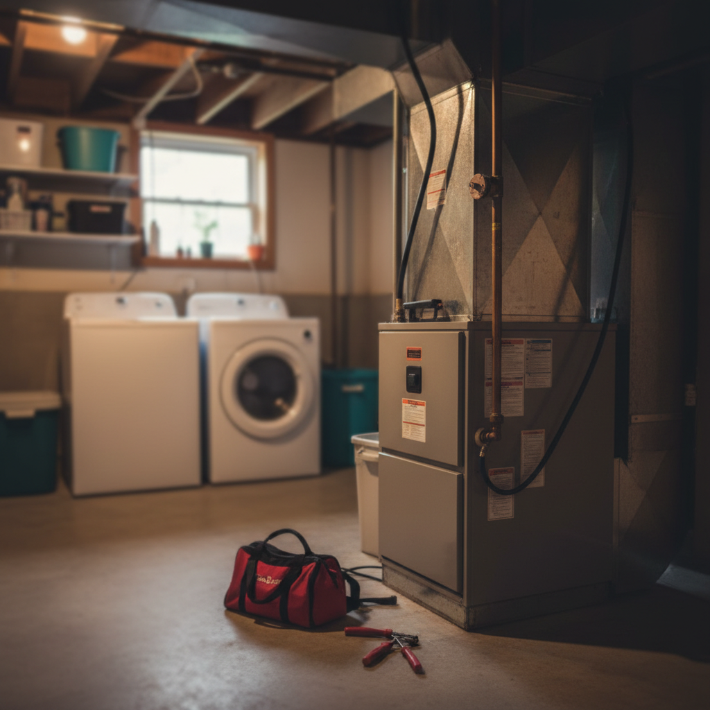 Subtle background image of an electric furnace in a Bridgeton, NJ basement, awaiting repair.