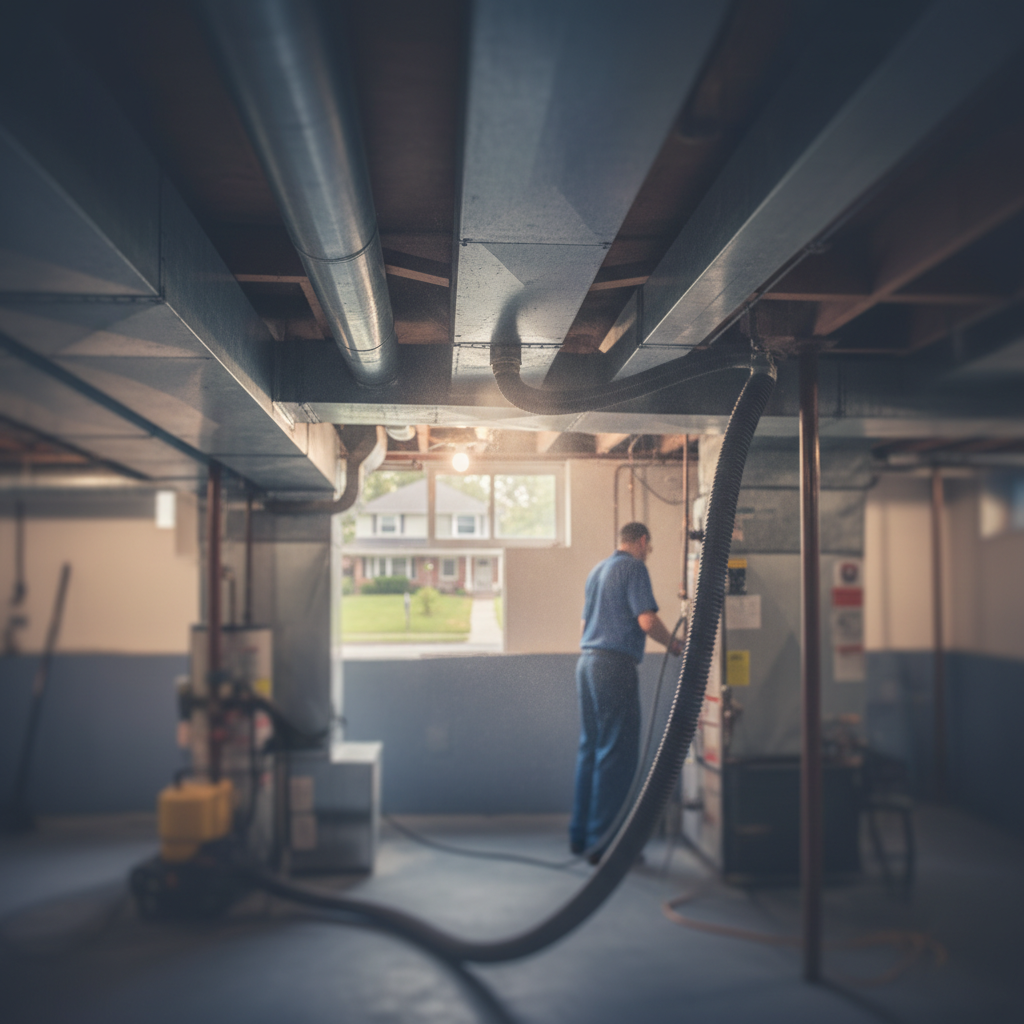 Subtle background image of duct cleaning in a Bridgeton, NJ home basement, worker visible.
