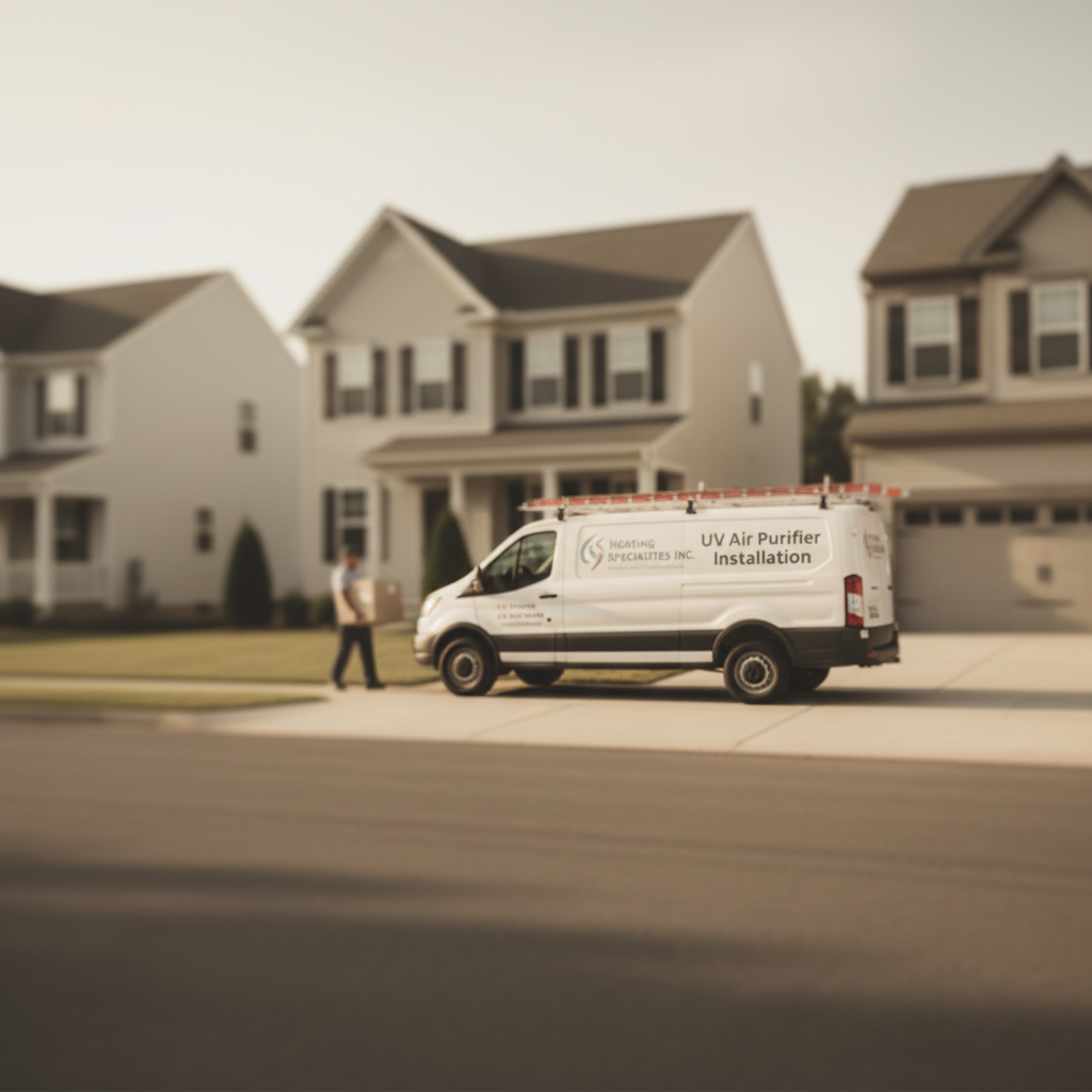 Subtle background of a technician arriving for UV air purifier installation service in a Bridgeton, NJ neighborhood.