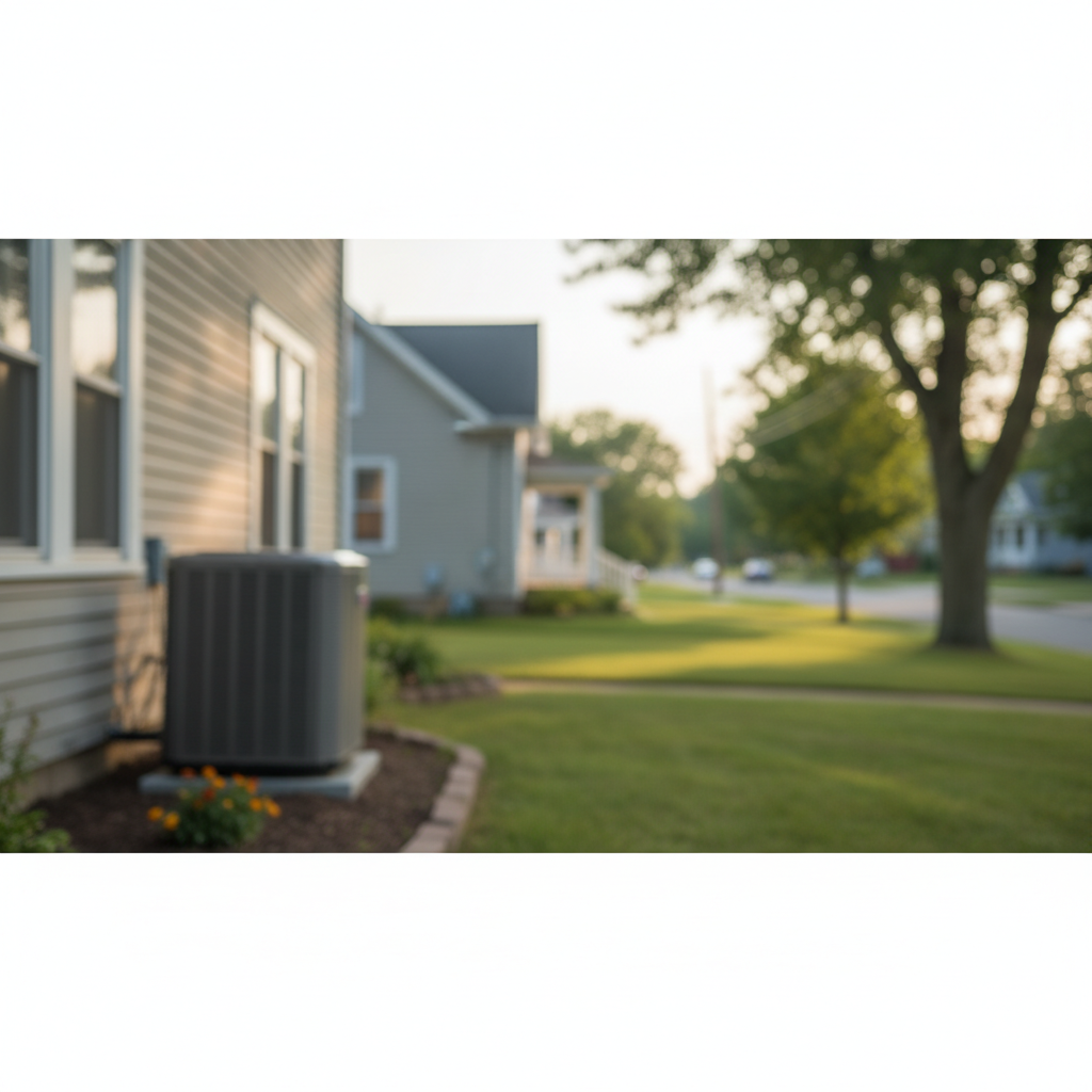 Subtle heat pump installation in a Bridgeton, NJ neighborhood setting, blending into the residential landscape.