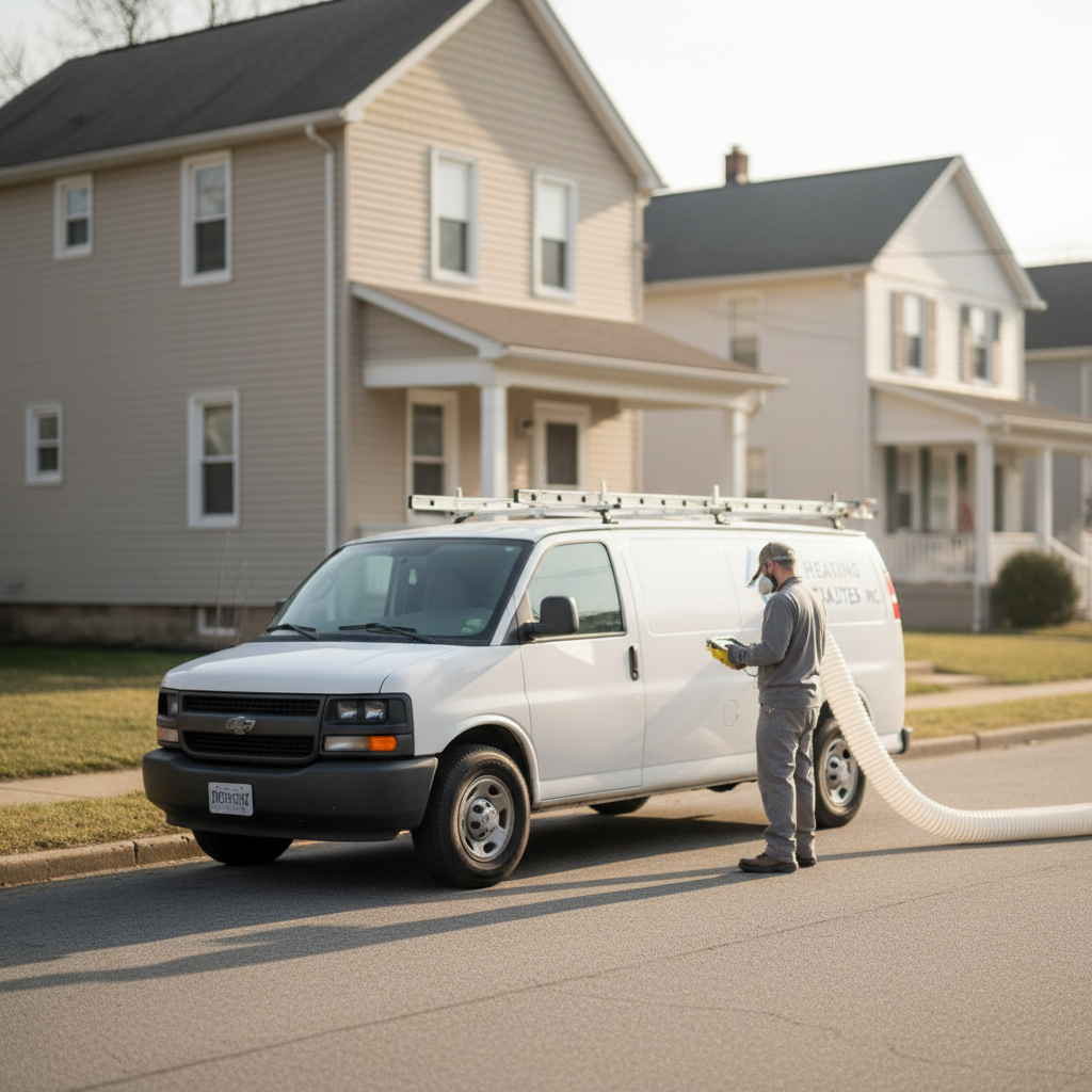 Subtle neighborhood scene in Bridgeton, NJ, with a Heating Specialties van for air duct inspection.