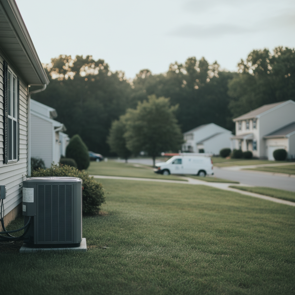 Subtle outdoor shot of a heat pump unit outside a home, representing heat pump repair services in Bridgeton, NJ.