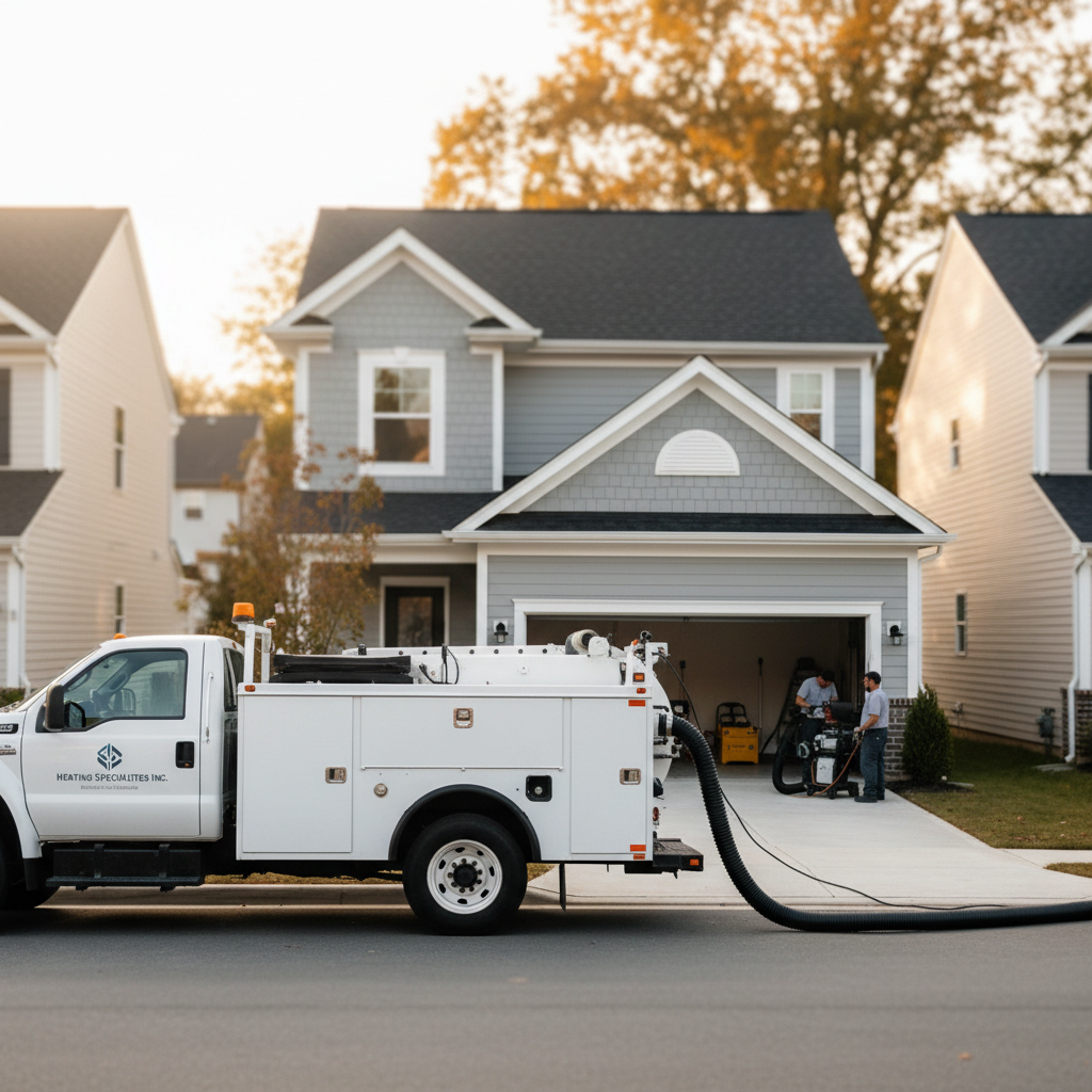 Subtle shot of an AC duct cleaning service truck on a Bridgeton, NJ street, with a house in the background.