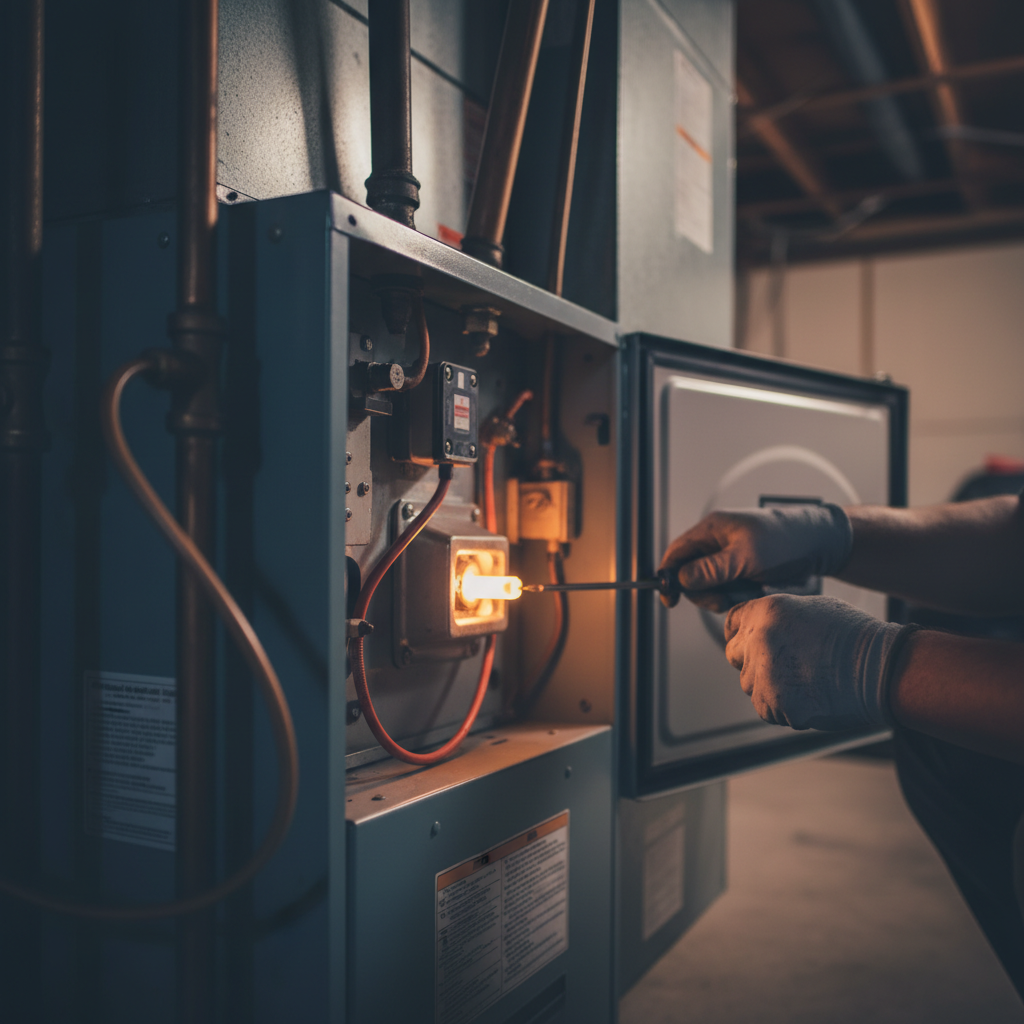 Subtle view of a furnace igniter replacement service in a Bridgeton, NJ basement, ready for text overlay.